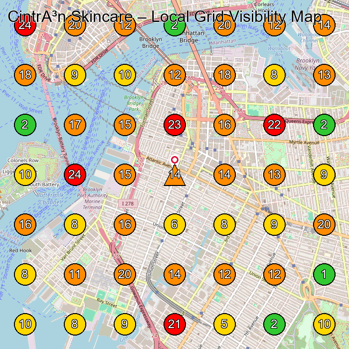 CintrA³n Skincare Facial Spa GeoGrid ranking map for Brooklyn NY